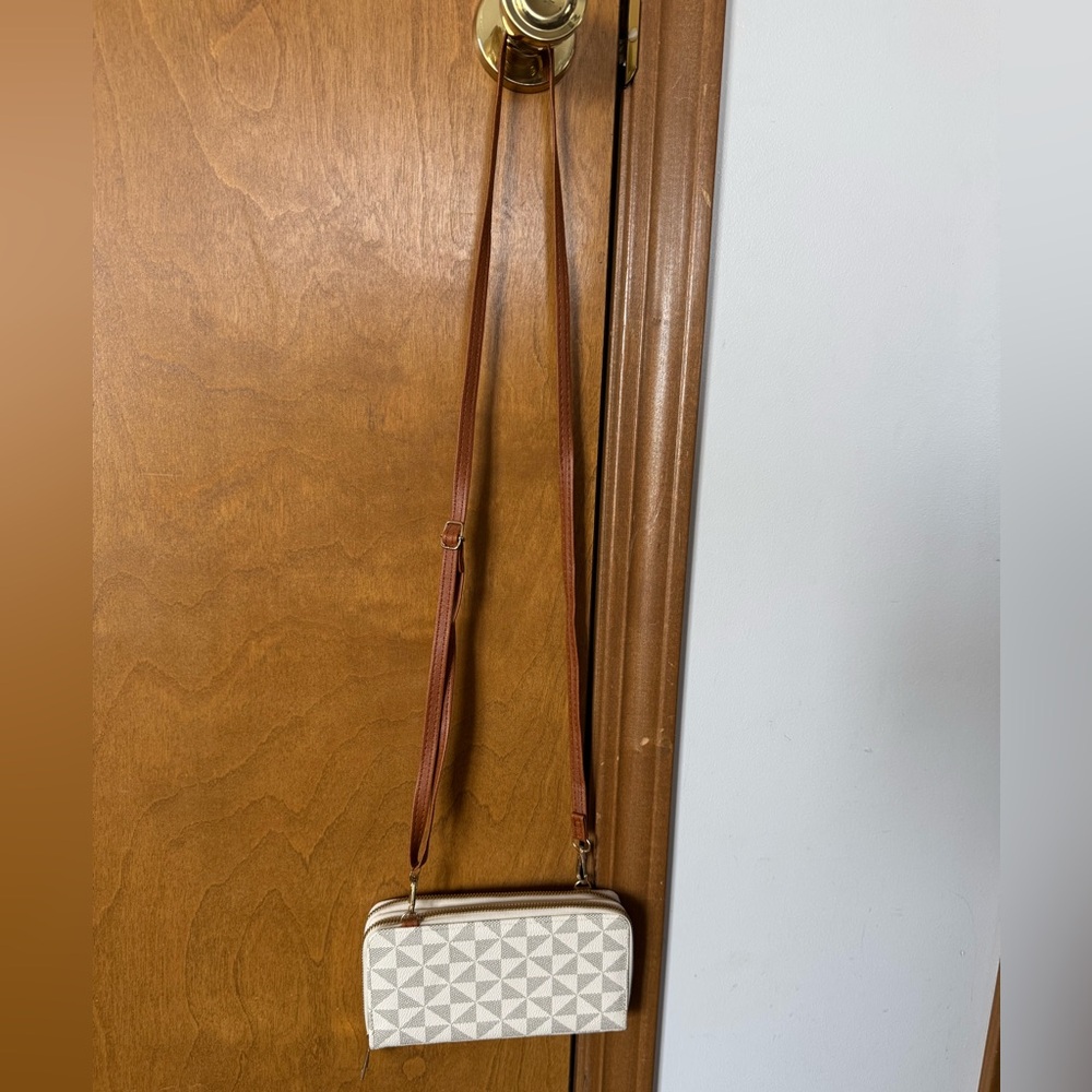 Geometric Patterned Cream And Brown Crossbody Wal… - image 1